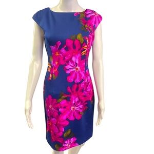 Size 6P Navy dress with fuchsia floral design. Wisp brand.